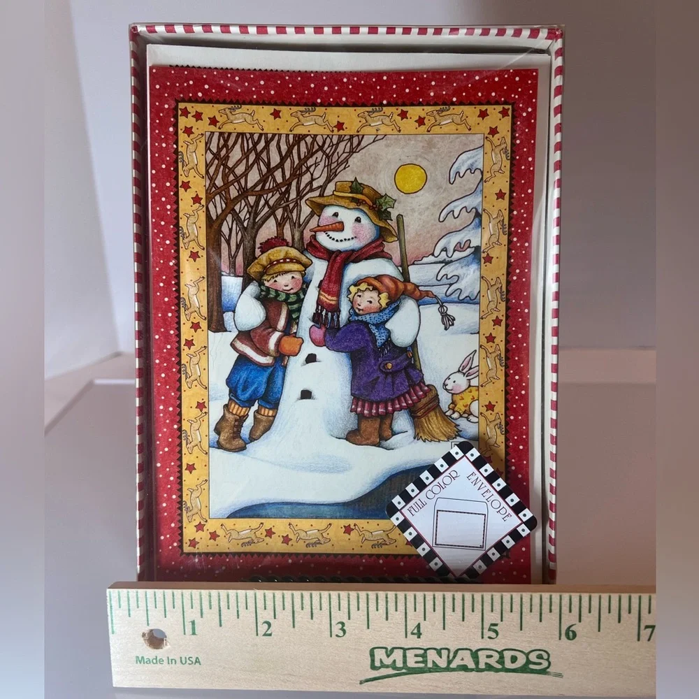15 Vintage Christmas Cards Featuring a Snowman & Kids with Pattern Envelopes.
